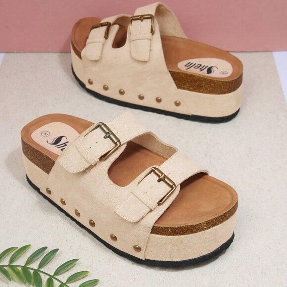 Apricot Fashionable Women's Open Toe Double Buckle Footbed Sandals - Picture 3 of 4